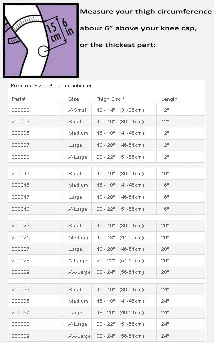 Knee Immobilizer Size Chart