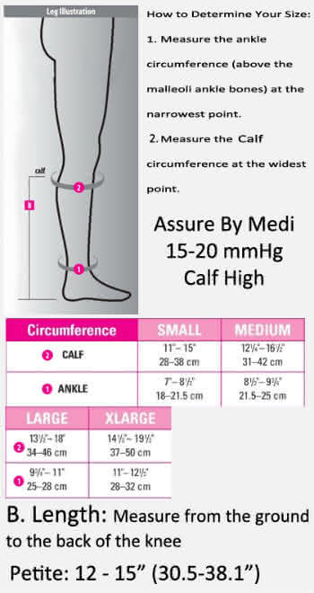 assure by medi 15-20 calf high closed toe petite sizing